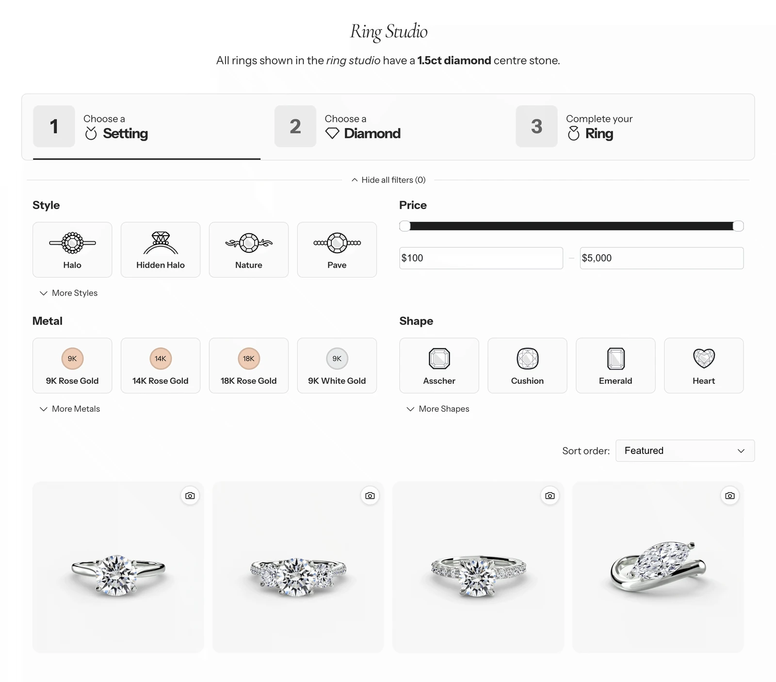 Nivoda’s Ring Studio — a three-step ring builder with style, metal, shape and price filters over a live grid of set diamonds.
